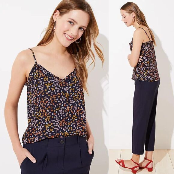 LOFT Tops - Loft Retro Floral Daisy Ruffle Adjustable Spaghetti Strap Navy Cami Size Small